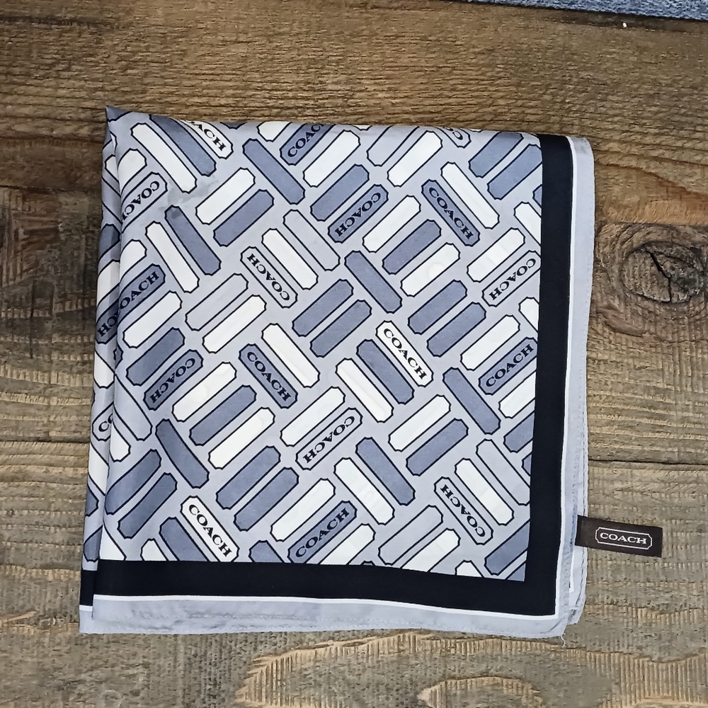 Coach square silk scarf. Black, grey and white.